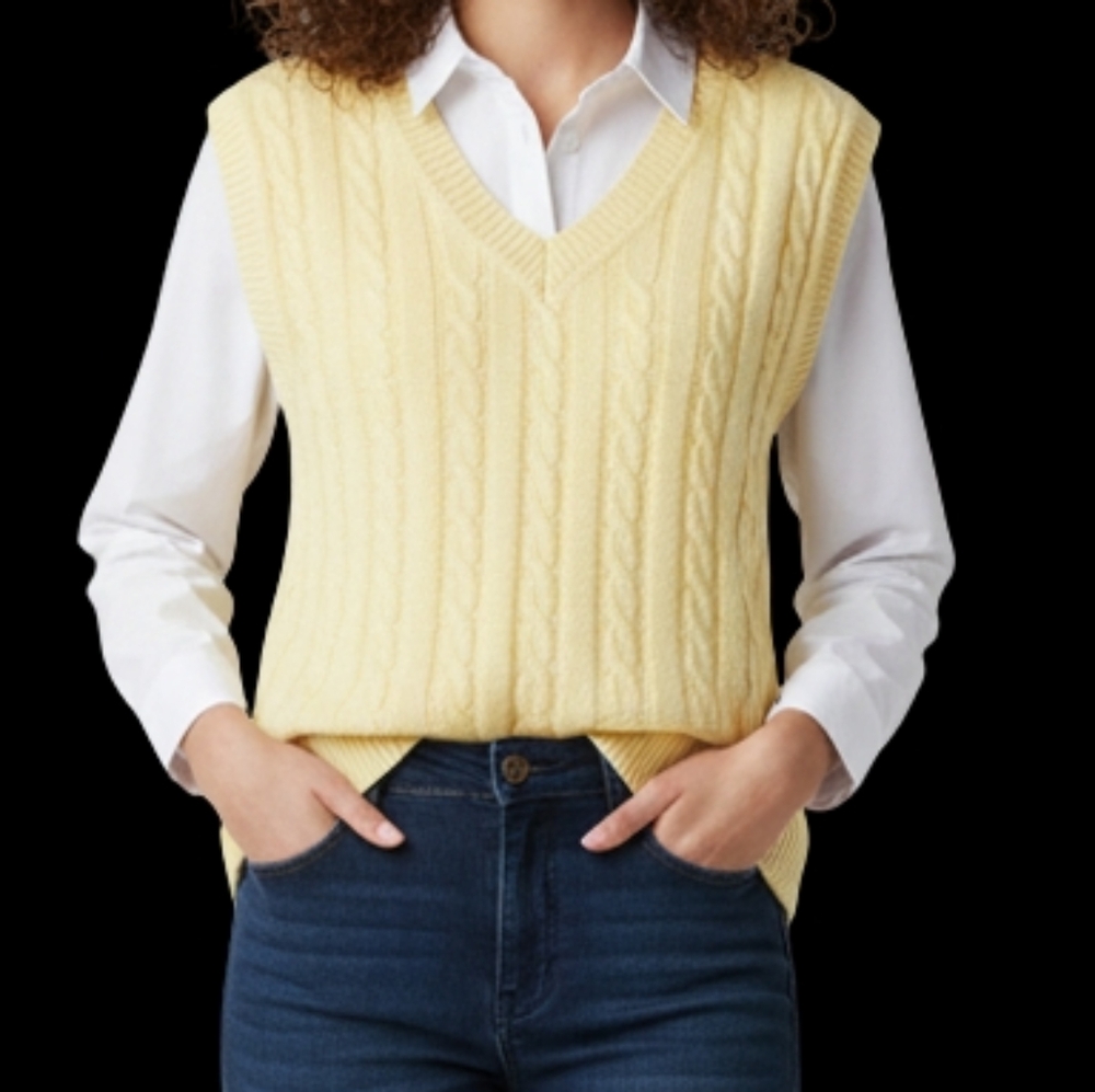 Vintage Pale Yellow Cable-Knit V-Neck Sweater Vest